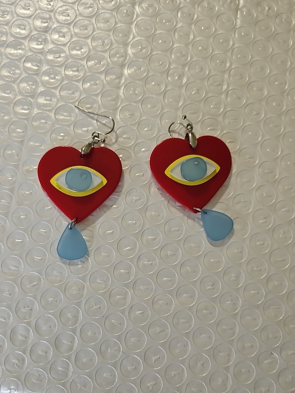 Red Heart Eye Dangle Earrings with Blue Tear Drop
